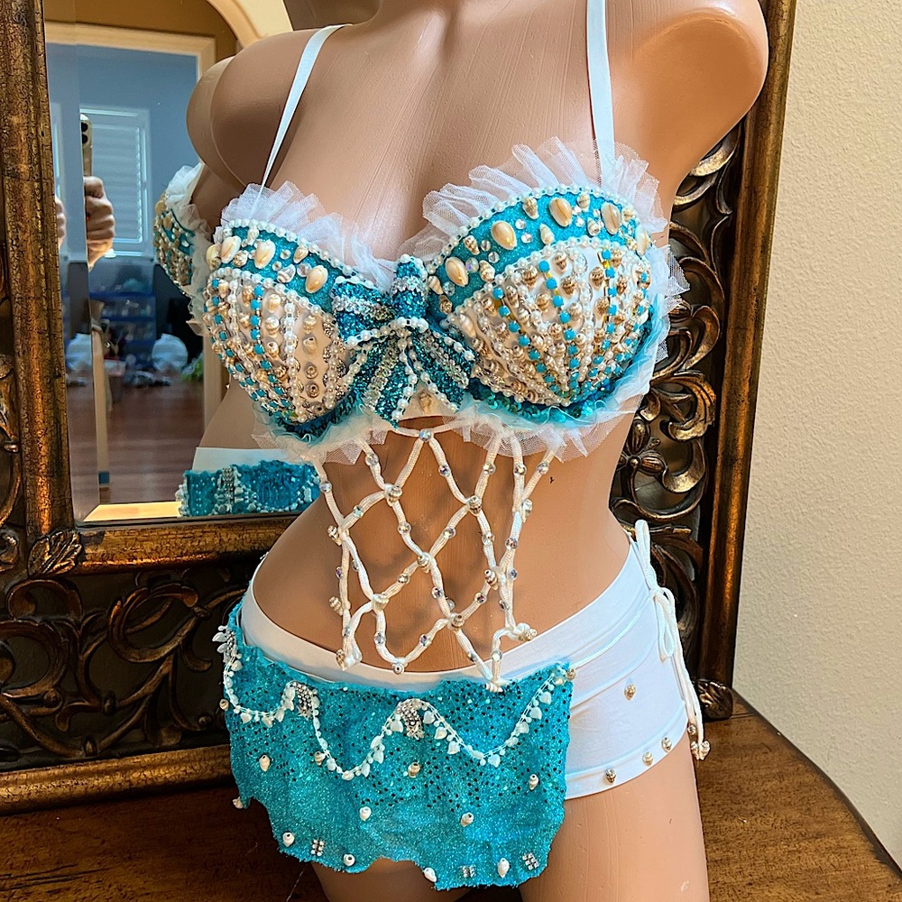 Embellished Turquoise Pearl Bikini Top by